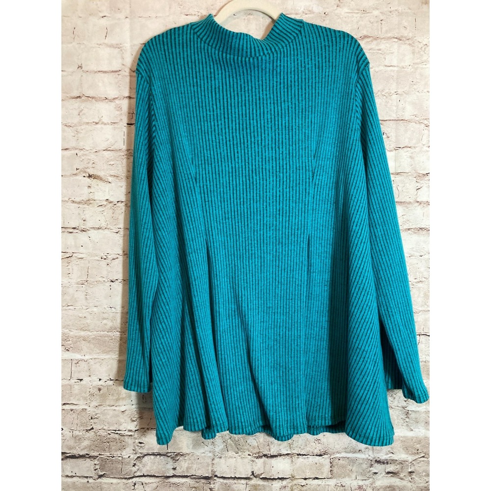 Cirana Lagenlook Top Womens‎ 1X Turquoise Ribed Mock Neck Artsy Long Line Flowy